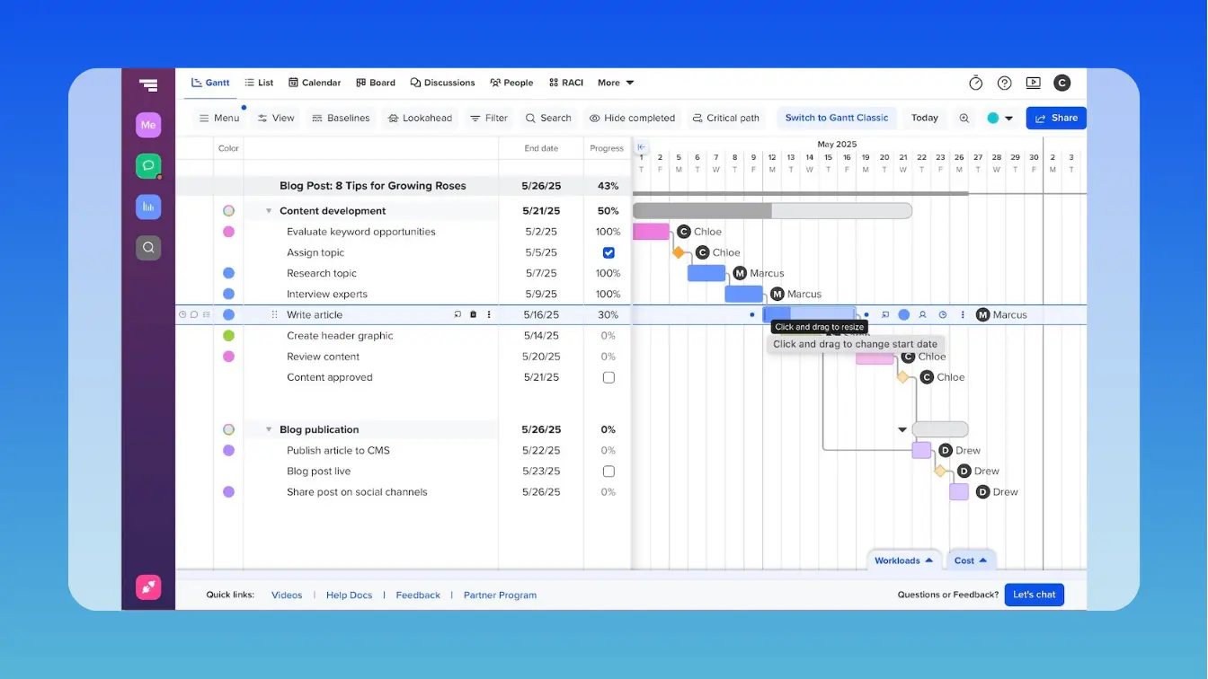 Example of the drag and drop functionality on the gantt chart in TeamGantt for changing the start and end date of a task or moving it on the timeline to reschedule dates.